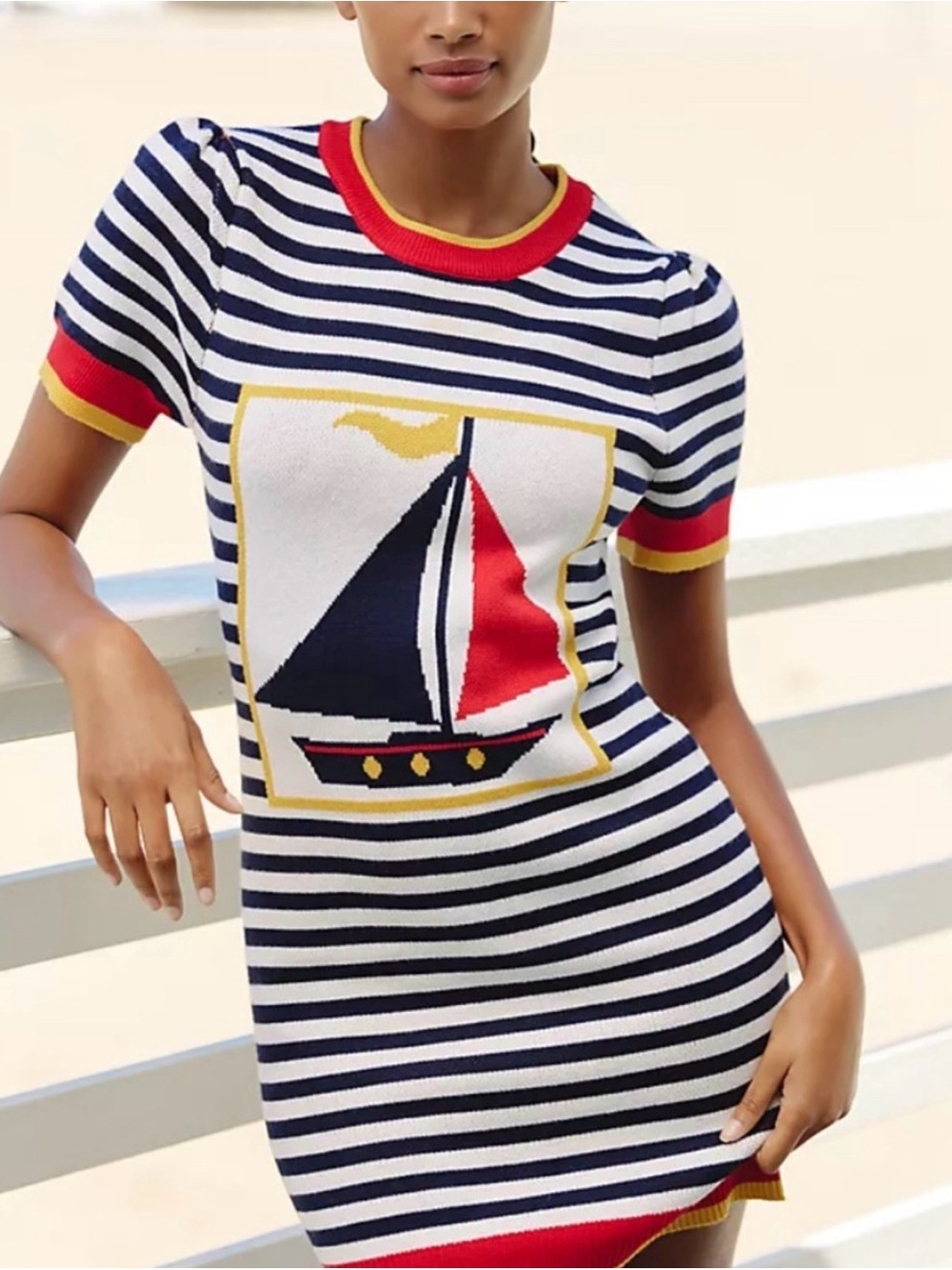 Striped Sailboat Knit Mini Dress in Navy, White & Red. Size M but fits like a S